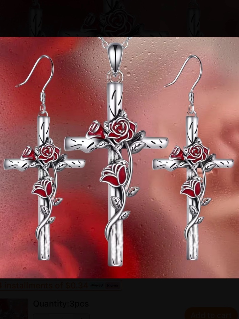 ⭐️ Cross Pendant & Earrings Set with Red Rose Accents